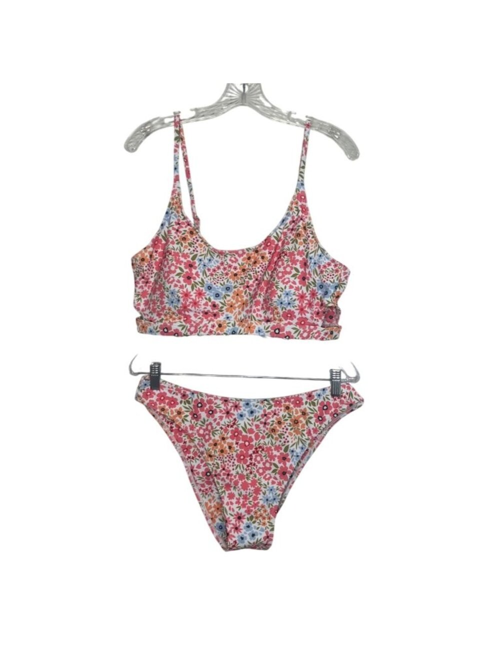 Zaful Floral Print Bikini Set Adjustable Straps XL Pink White New Summer Pool Sw